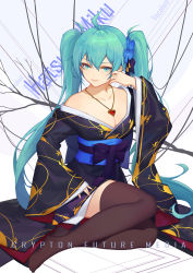 Rule 34 | 1girl, ahoge, alternate costume, aqua eyes, aqua hair, bad id, bad pixiv id, black kimono, breasts, brown thighhighs, catsmoon, character name, cleavage, collarbone, copyright name, flower, hair flower, hair ornament, hatsune miku, heart, heart on chest, highres, japanese clothes, jewelry, kimono, long hair, long sleeves, looking at viewer, medium breasts, necklace, obi, sash, sitting, solo, thighhighs, twintails, vocaloid, wide sleeves, zettai ryouiki