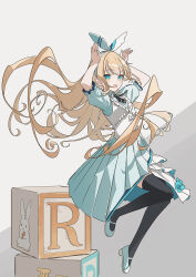 1girl alice_(alice_in_wonderland) alice_in_wonderland aqua_dress aqua_eyes aqua_hairband black_thighhighs blonde_hair collared_dress dress floating_hair front_slit full_body hairband highres long_hair necktie puffy_short_sleeves puffy_sleeves shoes short_sleeves solo thighhighs very_long_hair wakuseiy white_dress