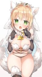 Rule 34 | 1girl, :o, ahoge, alternate color, black gloves, black thighhighs, blonde hair, breasts, breasts squeezed together, cleavage, cosplay, elbow gloves, fate/grand order, fate (series), fur trim, glint, gloves, gluteal fold, gradient background, green eyes, hair intakes, highres, lock, looking at viewer, looking up, mash kyrielight, mash kyrielight (dangerous beast), mash kyrielight (dangerous beast) (cosplay), medium breasts, navel, nero claudius (bride) (fate), nero claudius (fate), nero claudius (fate) (all), o-ring, o-ring top, open mouth, padlock, revision, short hair, simple background, sino (sionori), sitting, solo, tail, thighhighs, v-shaped eyebrows, veil