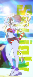 Rule 34 | 1girl, absurdres, ankle cuffs, ankle ribbon, barefoot, beach, bikini, blue hair, blue skin, blush, character name, colored skin, contrapposto, covered mouth, detached collar, detached sleeves, hair over one eye, highres, leg ribbon, leviathan (skullgirls), light rays, mittu02, navel, red eyes, ribbon, sarong, side ponytail, skullgirls, smile, squigly (skullgirls), stitched mouth, stitches, strapless, striped bikini, striped clothes, sun, surprised, swimsuit, tube top, yellow eyes, zombie