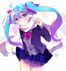 Rule 34 | 1girl, ahoge, blazer, blue eyes, blue hair, blue skirt, bow, bowtie, cardigan, closed mouth, cowboy shot, earmuffs, floating hair, grey cardigan, hair between eyes, hair ribbon, hatsune miku, highres, jacket, kawahara chisato, long hair, long sleeves, looking at viewer, miniskirt, open clothes, open jacket, plaid, plaid skirt, pleated skirt, purple jacket, red bow, red bowtie, red ribbon, ribbon, scarf, shiny skin, skirt, solo, thigh gap, twintails, twitter username, very long hair, vocaloid, white background, white scarf