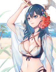 Rule 34 | 1girl, bikini, blue eyes, blue hair, breasts, byleth (female) (fire emblem), byleth (fire emblem), cleavage, clovisxvii, fire emblem, fire emblem: three houses, flower, large breasts, long hair, nintendo, parted lips, short hair, simple background, smile, solo, swimsuit, sword, upper body, weapon, white background