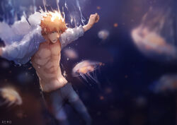 Rule 34 | abs, bleach, blurry, blurry background, collarbone, collared shirt, denim, feet out of frame, floating clothes, jeans, jellyfish, kerooooooooo, kurosaki ichigo, long sleeves, looking down, male focus, navel, open clothes, open shirt, orange eyes, orange hair, outstretched arms, pants, parted lips, pectorals, shirt, sinking, underwater, water, white shirt