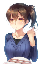 Rule 34 | 10s, 1girl, alternate costume, box, box of chocolates, breasts, brown eyes, brown hair, collarbone, cowboy shot, hair between eyes, imachireki, kaga (kancolle), kantai collection, large breasts, long sleeves, looking at viewer, ribbed sweater, side ponytail, solo, sweater, upper body