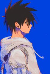 1boy black_hair blue_background dokuga dorohedoro expressionless eye_tattoo facial_mark from_side highres hood hoodie male_focus maruiinu07 short_hair sitting solo upper_body white_hoodie yellow_eyes