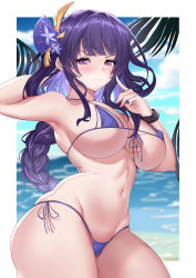 Rule 34 | 1girl, absurdres, armpits, bikini, blue sky, blunt bangs, blush, border, braid, breasts, chinese commentary, cleavage, cloud, covered erect nipples, genshin impact, hair ornament, highres, large breasts, long hair, looking at viewer, micro bikini, mz (yeye ai chipao mian), navel, ocean, palm tree, parted lips, purple bikini, purple eyes, purple hair, raiden shogun, scrunchie, side-tie bikini bottom, sideboob, sidelocks, skindentation, sky, solo, standing, swimsuit, thick thighs, thighs, tree, underboob, v-shaped eyebrows, wrist scrunchie