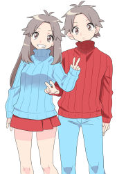 Rule 34 | 1boy, 1girl, absurdres, antenna hair, bad id, bad pixiv id, blue pants, blue sweater, brown eyes, brown hair, closed mouth, commentary request, creatures (company), eyelashes, game freak, grin, hair flaps, hand up, highres, knees, leaf (pokemon), long hair, long sleeves, looking at viewer, nintendo, pants, pleated skirt, pokemon, pokemon frlg, pumpkinpan, red (pokemon), red skirt, red sweater, short hair, sidelocks, skirt, smile, sweater, teeth, turtleneck, turtleneck sweater, v