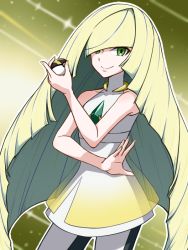 Rule 34 | 1girl, 563541, artist name, artist request, blonde hair, creatures (company), diagonal bangs, dress, from side, game freak, gradient background, green eyes, holding, holding poke ball, long hair, lusamine (pokemon), mature female, nintendo, pants, patterned background, poke ball, pokemon, pokemon sm, sleeveless, solo, tight clothes, tight dress, tight pants, white dress