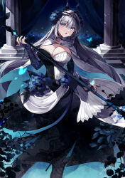 Rule 34 | 1girl, :o, absurdres, black dress, blue butterfly, blue eyes, blue nails, breasts, bridal gauntlets, bug, butterfly, cape, cleavage, commentary request, dress, fate/grand order, fate (series), grey hair, hair between eyes, hair ornament, highres, holding, holding staff, holding weapon, insect, large breasts, long hair, looking at viewer, misaki346, morgan le fay (apex) (fate), morgan le fay (fate), official alternate costume, signature, solo, staff, very long hair, weapon, white cape, white dress
