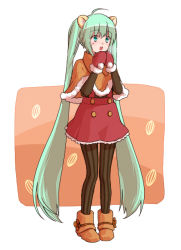 Rule 34 | 1girl, ahoge, aqua eyes, aqua hair, bad id, bad pixiv id, chibidakku, green eyes, green hair, hatsune miku, long hair, matching hair/eyes, mittens, open mouth, own hands together, pantyhose, pigeon-toed, red mittens, skirt, solo, striped clothes, striped pantyhose, twintails, vertical-striped clothes, vertical-striped pantyhose, very long hair, vocaloid
