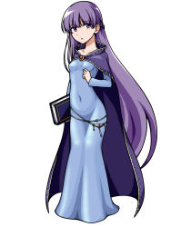 Rule 34 | 1girl, artist request, belly chain, blue dress, blush, book, cape, cloak, covered navel, dress, fire emblem, fire emblem: the binding blade, highres, jewelry, long hair, nintendo, open mouth, purple eyes, purple hair, simple background, skin tight, solo, sophia (fire emblem), very long hair, white background