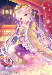 Rule 34 | 1girl, architecture, blush, breasts, chinese clothes, cleavage, company name, crown, east asian architecture, flower, hair flower, hair ornament, hair stick, lady wang, lamp, long hair, night, night sky, petals, purple eyes, sangokushi taisen, sitting, sky, solo, sparkle, star (sky), twintails, very long hair, wasabi (sekai), watermark, white hair