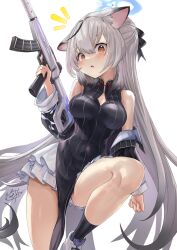 Rule 34 | 1girl, aged up, animal ears, assault rifle, blue archive, breasts, commentary request, grey hair, gun, hair between eyes, hair ornament, halo, jacket, kokona (blue archive), leg up, medium breasts, mg42cat-k1ng, open mouth, rifle, simple background, solo, thighs, trigger discipline, weapon, white background, yellow eyes