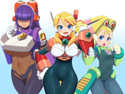 Rule 34 | &gt;:o, 3girls, :o, alia (mega man), android, arm cannon, armor, blonde hair, blue eyes, blunt bangs, blush, bodysuit, breasts, cameltoe, clenched hand, contrapposto, covered erect nipples, covered navel, cowboy shot, curvy, dark-skinned female, dark skin, flat chest, gloves, hair ornament, hair over eyes, hand on own hip, hime cut, konboi-eg, large breasts, layer (mega man), long hair, looking at viewer, mega man (series), mega man x8, mega man x (series), multiple girls, open mouth, pallette (mega man), petite, purple hair, robot ears, skin tight, small breasts, smile, standing, swept bangs, thigh gap, twintails, underboob, v-shaped eyebrows, weapon, white gloves, wide hips