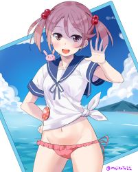 Rule 34 | 10s, 1girl, animal, animal on shoulder, badge, bikini, bikini bottom only, blue sky, blush, breasts, button badge, cloud, commentary, day, frilled bikini, frills, hair bobbles, hair ornament, hand on own hip, hand up, kantai collection, looking at viewer, maji (etonato), mountain, navel, no pants, ocean, open mouth, pink eyes, pink hair, rabbit, sazanami (kancolle), school uniform, serafuku, shirt, sky, small breasts, smile, solo, standing, swimsuit, twintails, twitter username