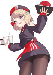 Rule 34 | 1girl, absurdres, apron, azur lane, bare shoulders, beret, black dress, black pantyhose, blonde hair, bow, breasts, cleavage cutout, clothing cutout, cup, disposable cup, dress, drinking straw, hat, highres, holding, holding tray, indoors, long sleeves, looking at viewer, medium breasts, official alternate costume, open mouth, pantyhose, purple eyes, red bow, rock zinc, short hair, simple background, solo, tray, waist apron, white background, z23 (azur lane), z23 (fries and smiles!) (azur lane)