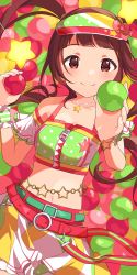 Rule 34 | 1girl, ball, belt, blush, bow, brown eyes, brown hair, closed mouth, cowboy shot, dot nose, dutch angle, hair bow, hand up, highres, holding, holding ball, idolmaster, idolmaster million live!, idolmaster million live! theater days, inuyama nanami, long hair, looking at viewer, matsuda arisa, midriff, multicolored background, navel, red belt, red bow, skirt, smile, solo, standing, star (symbol), strapless, tube top, twintails, visor cap, wristband, zipper pull tab