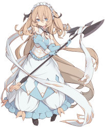 Rule 34 | 1girl, axe, black ribbon, blonde hair, blue dress, blue eyes, blue gloves, blue sleeves, breasts, brown hair, closed mouth, commentary request, dress, elbow gloves, female focus, frilled dress, frills, full body, gloves, hair between eyes, hair ribbon, highres, holding, holding weapon, juliet sleeves, long hair, long sleeves, maid, maid headdress, neck ribbon, original, paryi, puffy sleeves, ribbon, simple background, sleeveless, small breasts, smile, solo, standing, two side up, very long hair, weapon, white background
