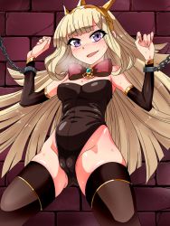 Rule 34 | 10s, 1girl, bdsm, blonde hair, blush, bondage, bound, breasts, cagliostro (granblue fantasy), cameltoe, chain, cleft of venus, crown, cuffs, granblue fantasy, highres, leotard, long hair, looking at viewer, open mouth, playboy bunny, purple eyes, shackles, small breasts, smile, solo, sweat, thighhighs, zasshu nigou