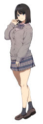 Rule 34 | 1girl, alp, black eyes, black hair, bob cut, bow, bowtie, brown footwear, cardigan, closed mouth, collared shirt, commentary request, full body, hand up, highres, loafers, long sleeves, looking at viewer, miniskirt, original, plaid, plaid bow, plaid bowtie, plaid neckwear, plaid skirt, pleated skirt, school uniform, shirt, shoes, short hair, simple background, skirt, smile, socks, solo, standing, swept bangs, tachi-e, white background, white shirt