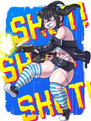 Rule 34 | 1girl, absurdres, blue eyes, blush, breasts, collar, fallout (series), gloves, gun, highres, jacket, large breasts, lipstick, makeup, minami aomori, minamiaomori, muffin top, scar, shoes, skirt, sneakers, spiked collar, spikes, squatting, thick thighs, thighhighs, thighs, thong, twintails, weapon