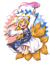 Rule 34 | 1girl, american flag, blonde hair, blush, blush stickers, clownpiece, cosplay, disembodied blush, dress, eyebrows, fairy wings, fire, fox tail, full body, harusame (unmei no ikasumi), hat, jester cap, long hair, long sleeves, looking at viewer, ofuda, open mouth, pink eyes, simple background, smile, solo, star (symbol), striped, tabard, tail, teeth, torch, touhou, white dress, wings, yakumo ran, yakumo ran (cosplay)