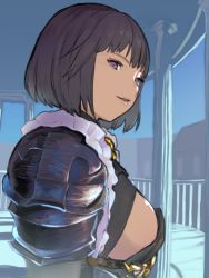 Rule 34 | 1girl, 2equal8, armor, black armor, black hair, bob cut, breasts, commentary, erika (shadowverse), highres, large breasts, looking at viewer, open mouth, pauldrons, purple eyes, shadowverse, short hair, shoulder armor, sideboob, smile, solo