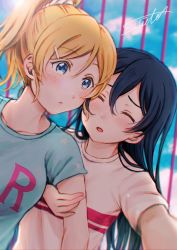 Rule 34 | 2girls, ayase eli, blonde hair, blue eyes, blue hair, blush, closed eyes, closed mouth, commentary request, hair between eyes, highres, long hair, looking at viewer, love live!, love live! school idol festival, love live! school idol project, multiple girls, open mouth, short sleeves, sky, sonoda umi, suito, upper body