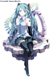 Rule 34 | 1girl, aqua eyes, aqua hair, bad id, bad pixiv id, boots, detached sleeves, female focus, full body, gears, hatsune miku, legs, long hair, necktie, potchi, sitting, skirt, solo, thigh boots, thighhighs, twintails, very long hair, vocaloid, white background