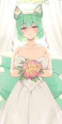 Rule 34 | 1girl, absurdres, animal ear fluff, animal ears, bare arms, bare shoulders, blush, bouquet, breasts, bridal veil, closed mouth, collarbone, commission, curtains, dress, flower, fox ears, fox girl, fox tail, green hair, hairband, highres, holding, holding bouquet, large breasts, multiple tails, original, pink flower, pink rose, red eyes, rose, short hair, smile, solo, strapless, strapless dress, tail, thick eyebrows, twin (tt lsh), veil, wedding dress, white dress, white hairband