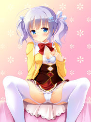 Rule 34 | 1girl, amairo islenauts, bashen chenyue, blue bra, blue eyes, blue ribbon, blush, bow, bow bra, bowtie, bra, breasts, cameltoe, chinese commentary, closed mouth, collared shirt, commentary request, corset, dress shirt, garter straps, gradient background, hair ornament, hair ribbon, hairclip, hand on own chest, highres, jacket, lace, lace-trimmed skirt, lace trim, light purple hair, long sleeves, looking at viewer, miniskirt, multicolored background, open clothes, open shirt, panties, pantyshot, red bow, red bowtie, red skirt, ribbon, shiraga airi, shirt, short twintails, sitting, skirt, small breasts, smile, solo, spread legs, thighhighs, twintails, underwear, white panties, white shirt, white thighhighs, wing collar, yellow jacket
