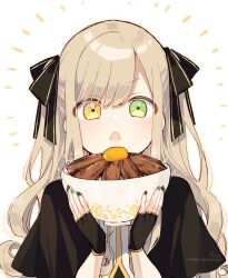 Rule 34 | 1girl, black bow, black capelet, black gloves, black nails, bow, bowl, capelet, commentary request, drooling, fingerless gloves, food, food request, gloves, green eyes, green nails, hair bow, hands up, heterochromia, highres, holding, holding bowl, ibara muan, light brown hair, mouth drool, multicolored nails, nail polish, open mouth, orange eyes, original, parted bangs, shirt, signature, simple background, sofra, solo, twitter username, two side up, upper body, white background, white shirt