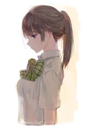 Rule 34 | 1girl, bad id, bad pixiv id, blue eyes, bow, bowtie, brown hair, from side, long hair, original, ponytail, profile, school uniform, see-through, shirt, short sleeves, simple background, solo, tuuuh