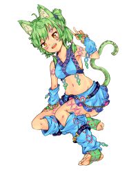 Rule 34 | 1girl, ahoge, animal ears, arm on leg, arm warmers, armpits, barefoot, belly, belt, blue skirt, blush, body markings, bracelet, cat ears, cat girl, cat tail, chaosexceed, feet, green hair, highres, japanese clothes, jewelry, leg warmers, navel, no shoes, open mouth, peace symbol, sitting, skirt, soles, tail, twintails, yellow eyes