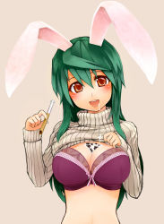 Rule 34 | 1girl, absurdres, animal ears, bra, breasts, cleavage, clothes lift, drinking straw, green hair, h (158cm), highres, large breasts, lingerie, original, rabbit ears, red eyes, shirt lift, solo, sweater, underwear, vanilla (neosino)