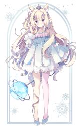 Rule 34 | 1girl, :o, absurdres, animal ear fluff, animal ears, bare shoulders, blonde hair, blue dress, blue sleeves, blush, crown, detached sleeves, dress, full body, hair between eyes, hair ornament, hair ribbon, highres, holding, holding staff, long hair, long sleeves, looking at viewer, mini crown, one side up, orb, original, parted lips, pink ribbon, purple eyes, ribbon, shoes, sleeveless, sleeveless dress, sleeves past wrists, solo, staff, standing, tsukiyo (skymint), very long hair, white background, white footwear, wide sleeves