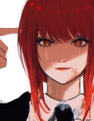 Rule 34 | 1girl, @ @, bad id, bad twitter id, black necktie, blood, blood on face, chainsaw man, closed mouth, eyelashes, finger to head, formal, highres, inuo (inuo x), long hair, makima (chainsaw man), necktie, orange eyes, portrait, red hair, red lips, ringed eyes, simple background, sketch, smeared blood, smile, solo, suit, white background