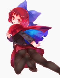 Rule 34 | black pantyhose, blue bow, bow, cape, feet, hair bow, high collar, highres, long sleeves, nail polish, no panties, no shoes, pantyhose, red cape, red eyes, red hair, red skirt, sekibanki, skirt, soles, solo, touhou, user hsed5747