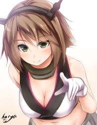 Rule 34 | 10s, 1girl, arm behind back, bare shoulders, breasts, brown eyes, cleavage, gloves, green eyes, hairband, haryuu (poetto), kantai collection, large breasts, leaning forward, mutsu (kancolle), navel, plump, short hair, smile, solo, upper body, white gloves, white hips