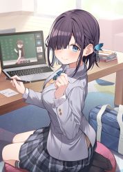 Rule 34 | 1girl, bag, beige sweater, black hair, black skirt, blue eyes, blunt bangs, blush, book, book stack, closed mouth, collared shirt, commentary request, computer, eyes visible through hair, grey jacket, hair ornament, hair over one eye, highres, holding, holding pencil, jacket, kneehighs, laptop, looking at viewer, mechanical pencil, original, pencil, plaid, plaid skirt, pleated skirt, rug, school bag, school uniform, shirt, sitting, skirt, smile, socks, solo, sweater vest, table, wariza, white shirt, wooden floor, yukiyama momo