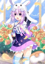 Rule 34 | 1girl, backpack, bag, binato lulu, blush, choker, d-pad, d-pad hair ornament, dress, flat chest, hair between eyes, hair ornament, kami jigen game neptune v, looking at viewer, neptune (neptunia), neptune (series), open mouth, purple eyes, purple hair, sidelocks, smile, solo, striped clothes, striped thighhighs, thighhighs, usb, white choker