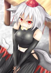 Rule 34 | 1girl, animal ears, bare shoulders, breasts, detached sleeves, eating, fang, firolat, hat, inubashiri momiji, large breasts, long skirt, looking at viewer, midriff, mouth hold, navel, red eyes, short hair, silver hair, skirt, snow, solo, tail, tears, tokin hat, touhou, v arms, wavy mouth, wolf ears, wolf tail