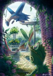 Rule 34 | absurdres, arch, commentary request, creatures (company), day, foliage, fountain, game freak, gen 3 pokemon, highres, huge filesize, kecleon, latias, latios, legendary pokemon, legna (legna 161cm), looking down, looking up, nintendo, no humans, open mouth, orange eyes, outdoors, plant, pokemon, pokemon (creature), red eyes, smile, swablu, tongue, tropius, vines, water, watermark