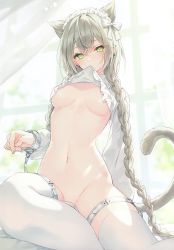 Rule 34 | 1girl, absurdres, animal ears, banned artist, bed, bed sheet, blush, braid, breasts, breasts apart, cat ears, cat girl, cat tail, clothes in mouth, clothes lift, curtains, day, ear piercing, eyelashes, fingernails, frilled shirt collar, frills, green eyes, green hair, groin, hair between eyes, highres, indoors, lifted by self, long hair, long shirt, long sleeves, looking at viewer, maid headdress, medium breasts, mouth hold, nail polish, navel, no bra, no panties, on bed, original, piercing, pink nails, rurudo, shirt, shirt in mouth, shirt lift, sitting, slit pupils, solo, stomach, tail, tail raised, thigh strap, thighhighs, twin braids, underboob, very long hair, white shirt, white thighhighs, window