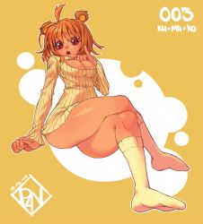 Rule 34 | 1girl, ahoge, animal ears, bear ears, blonde hair, breasts, cleavage, full body, kumako (poch4n), meme attire, open-chest sweater, open mouth, original, pinky out, poch4n, red eyes, short hair, sitting, socks, solo, sweater, thighs, yellow background, yellow theme