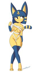 Rule 34 | 1girl, animal crossing, animal ears, animal hands, ankha (animal crossing), artist name, bandages, barefoot, black eyes, blonde hair, blue hair, breasts, budget sarashi, cat ears, cat tail, closed mouth, crossed legs, expressionless, female focus, flashing, furry, furry female, hair ornament, half-closed eyes, hand up, highres, jpeg artifacts, looking to the side, medium breasts, mezmaroon, multicolored hair, nintendo, nipples, partially visible vulva, revealing clothes, sarashi, short hair, signature, simple background, skindentation, snake hair ornament, solo, tail, thigh gap, two-tone hair, white background