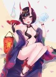 Rule 34 | 1girl, :d, alcohol, anklet, barefoot, barefoot sandals (jewelry), blush, bob cut, bottle, breasts, cup, fangs, fate/grand order, fate (series), food, fruit, highres, horns, japanese clothes, jewelry, kimono, looking at viewer, medium breasts, nana na, navel, oni, open mouth, petals, purple eyes, purple hair, red ribbon, ribbon, sakazuki, sake, short hair, shuten douji (fate), shuten douji (first ascension) (fate), skin-covered horns, smile, solo