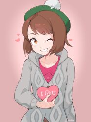 Rule 34 | 1girl, blush, bob cut, bright pupils, brown eyes, brown hair, buttons, cable knit, cardigan, character print, collared dress, creatures (company), dress, eyelashes, game freak, gen 3 pokemon, gloria (pokemon), green hat, grey cardigan, grin, hat, heart, highres, holding, hooded cardigan, looking at viewer, luvdisc, milka (milk4ppl), nintendo, one eye closed, pink dress, pokemon, pokemon swsh, short hair, signature, smile, solo, tam o&#039; shanter, upper body, white pupils