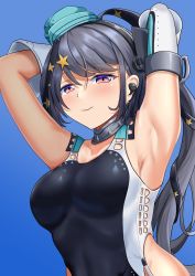 Rule 34 | 1girl, aqua hat, armpits, arms behind head, arms up, black one-piece swimsuit, black ribbon, breasts, commission, competition swimsuit, dorachan r, garrison cap, gloves, grey eyes, grey hair, hair ornament, hair ribbon, hat, highres, kantai collection, long hair, medium breasts, one-piece swimsuit, pixiv commission, ribbon, scamp (kancolle), side ponytail, smile, solo, star (symbol), star hair ornament, swimsuit, white gloves