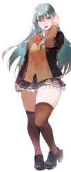 Rule 34 | 1girl, aqua hair, arm up, black footwear, blouse, blush, breasts, brown jacket, brown skirt, brown thighhighs, cardigan, clothes lift, commentary request, frilled skirt, frills, hair ornament, hairclip, hands on own hips, ikuchan kaoru, jacket, kantai collection, long hair, long sleeves, looking at viewer, medium breasts, open clothes, open mouth, pleated skirt, rudder footwear, school uniform, shirt, shoes, simple background, skindentation, skirt, skirt lift, smile, solo, standing, suzuya (kancolle), suzuya kai ni (kancolle), thick thighs, thighhighs, thighs, thong, white background